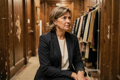 Actrice française élégante en coulisses de théâtre, portrait éditorial réaliste évoquant le parcours artistique sur scène