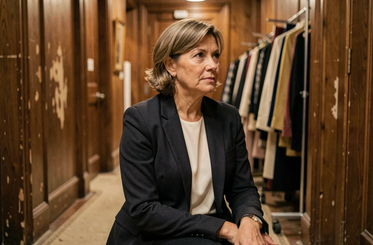 Actrice française élégante en coulisses de théâtre, portrait éditorial réaliste évoquant le parcours artistique sur scène