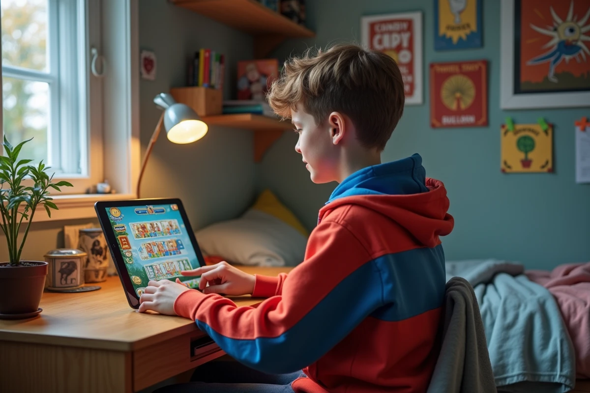 Adolescent joue à Candy Crush sur sa tablette dans sa chambre
