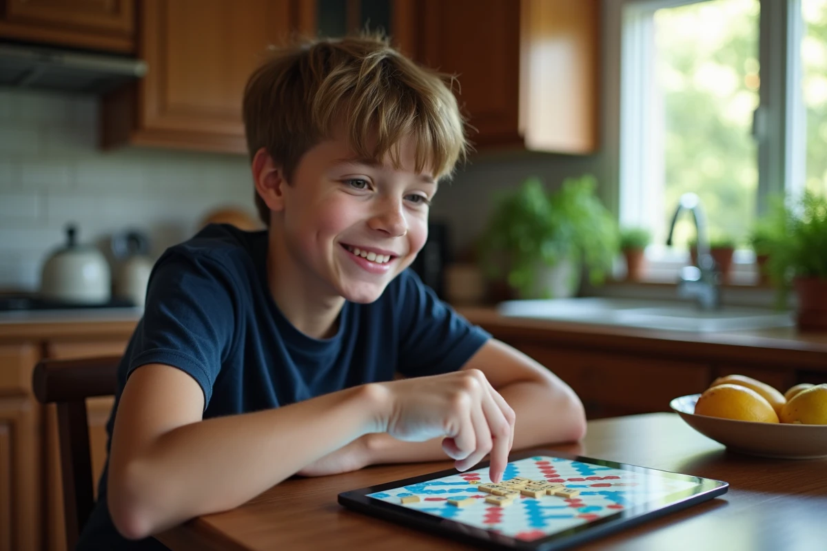Adolescent joue au Scrabble num&eacute;rique sur tablette dans la cuisine