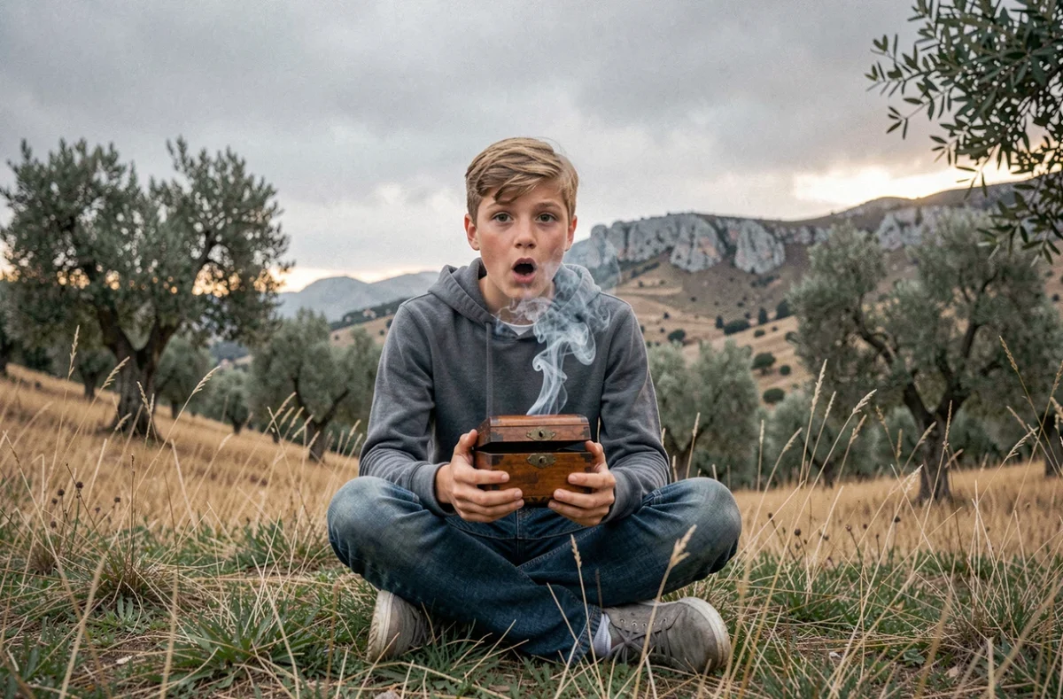 Adolescent tenant une boîte ancienne d'où s'échappe une légère vapeur dans un paysage grec évoquant la mythologie et la boîte de Pandore