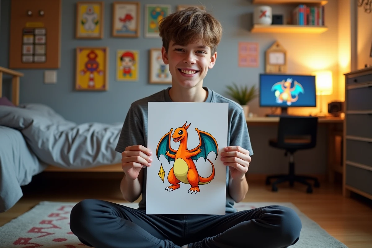 Adolescent tenant fièrement son dessin de Dracaufeu fanart dans sa chambre décorée d'affiches et de cartes Pokémon