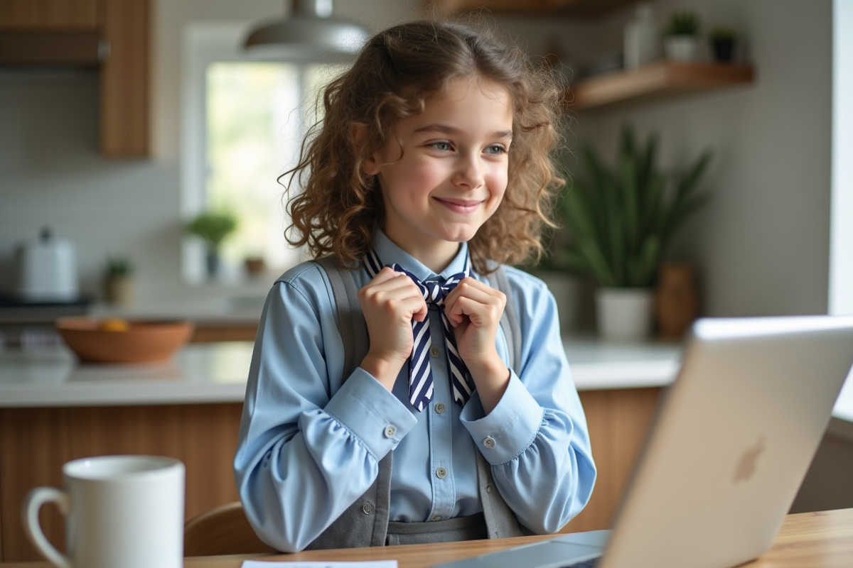 Adolescente souriante essayant de nouer une cravate rayee à la maison