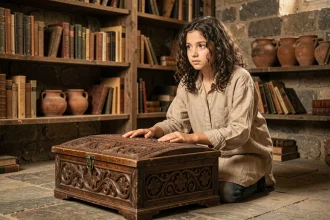 Adolescente découvrant une boîte en bois sculptée ancienne avec curiosité et émerveillement, évoquant le mythe de la boîte de Pandore