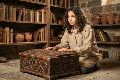 Adolescente découvrant une boîte en bois sculptée ancienne avec curiosité et émerveillement, évoquant le mythe de la boîte de Pandore