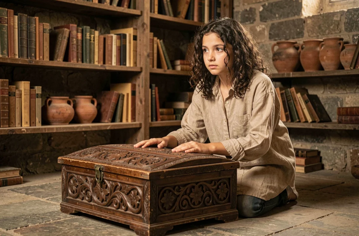 Adolescente découvrant une boîte en bois sculptée ancienne avec curiosité et émerveillement, évoquant le mythe de la boîte de Pandore