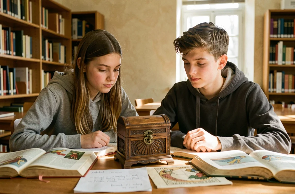 Deux adolescents étudiant la boîte de Pandore autour de livres de mythologie dans une bibliothèque scolaire chaleureuse, symbolisant curiosité et espoir