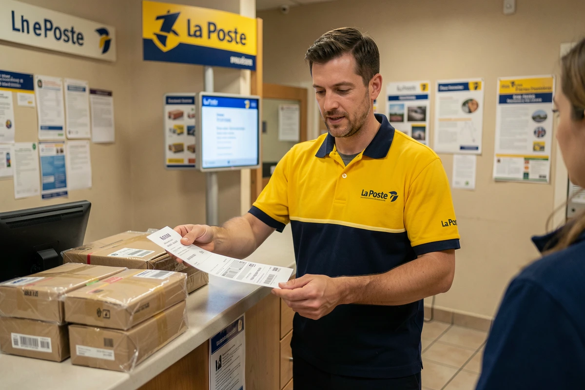 Agent La Poste remettant un reçu d'étiquette de retour colis à un professionnel au guichet
