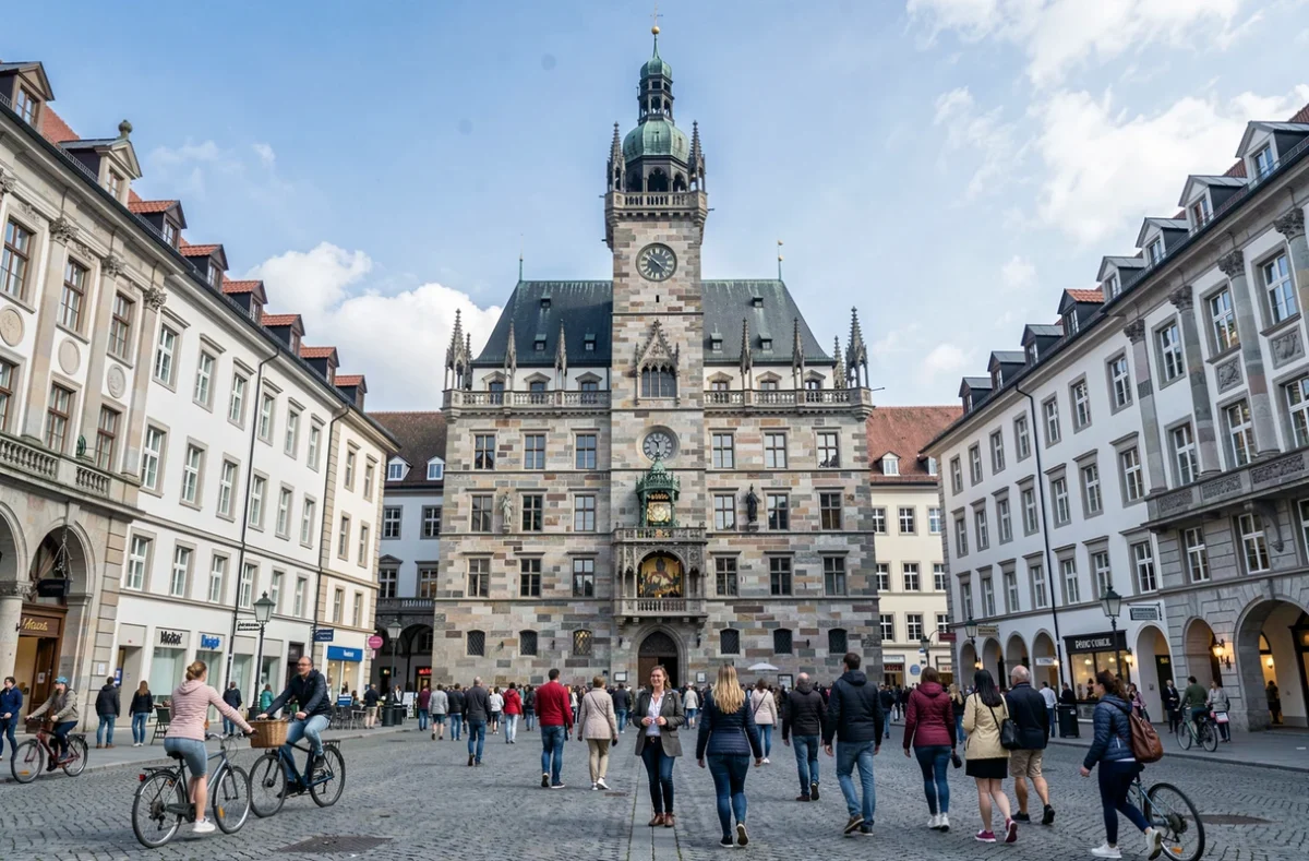 La Marienplatz à Munich en Allemagne avec la mairie néo-gothique et une foule de touristes et habitants sur la place pavée