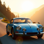 Voiture Alpine A110 sur route de montagne au lever du soleil