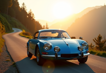 Voiture Alpine A110 sur route de montagne au lever du soleil