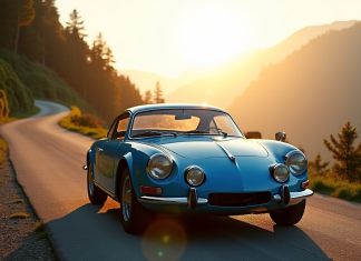 Voiture Alpine A110 sur route de montagne au lever du soleil