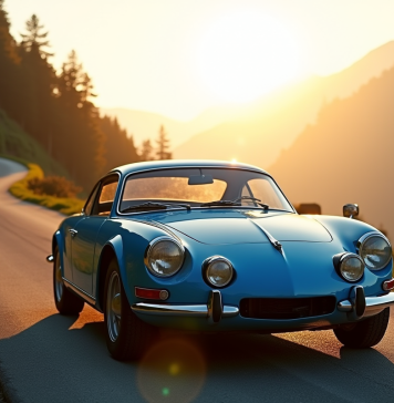 Une passion authentique : le charme des Alpines vintage Voiture Alpine A110 sur route de montagne au lever du soleil