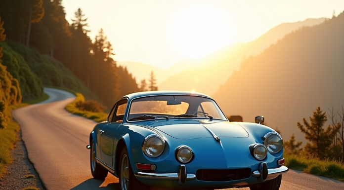 Voiture Alpine A110 sur route de montagne au lever du soleil