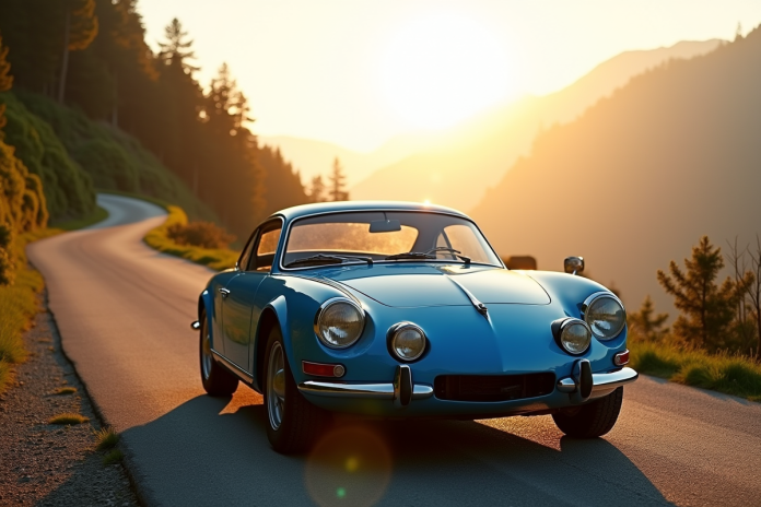 Voiture Alpine A110 sur route de montagne au lever du soleil