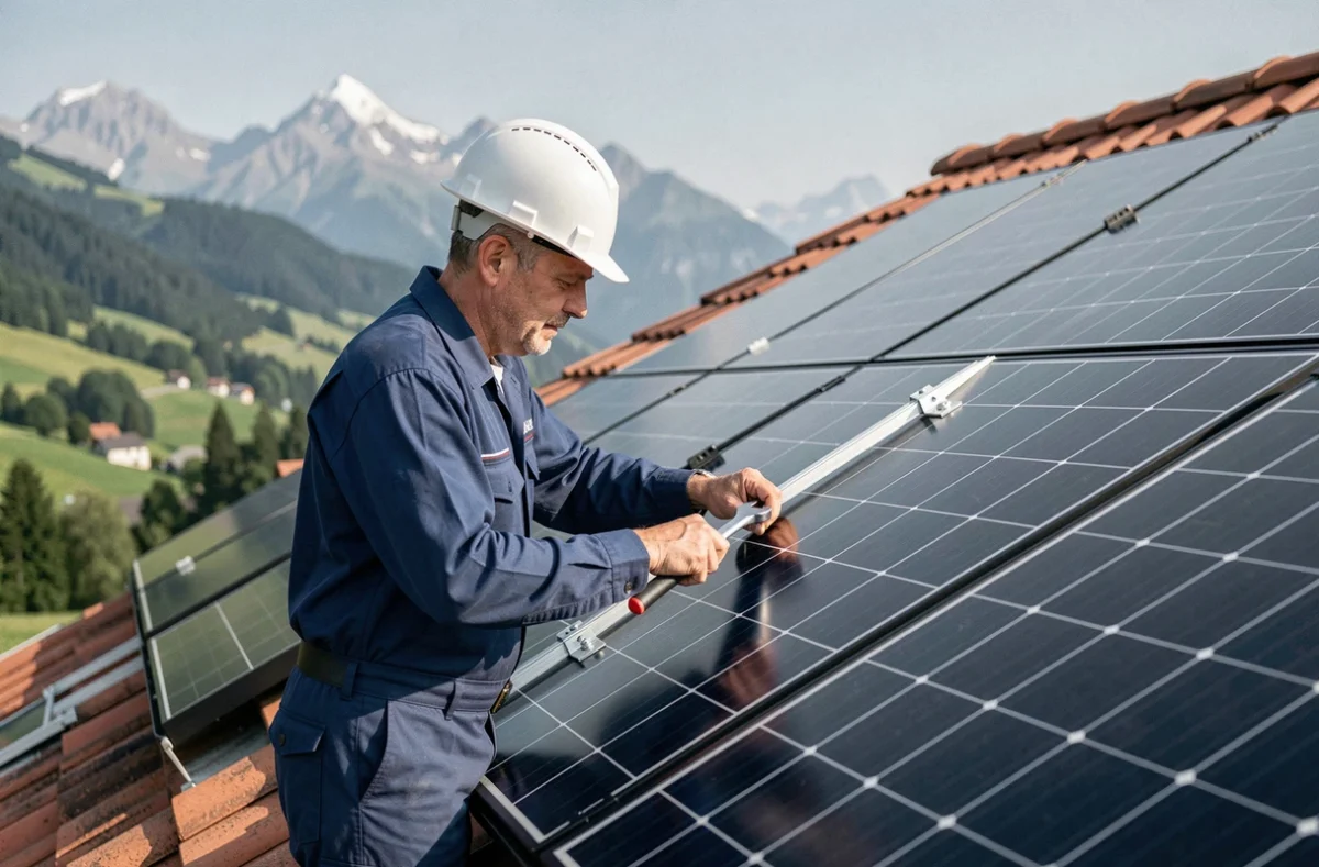Technicien installant des panneaux solaires photovoltaïques sur un toit résidentiel en pente en Isère