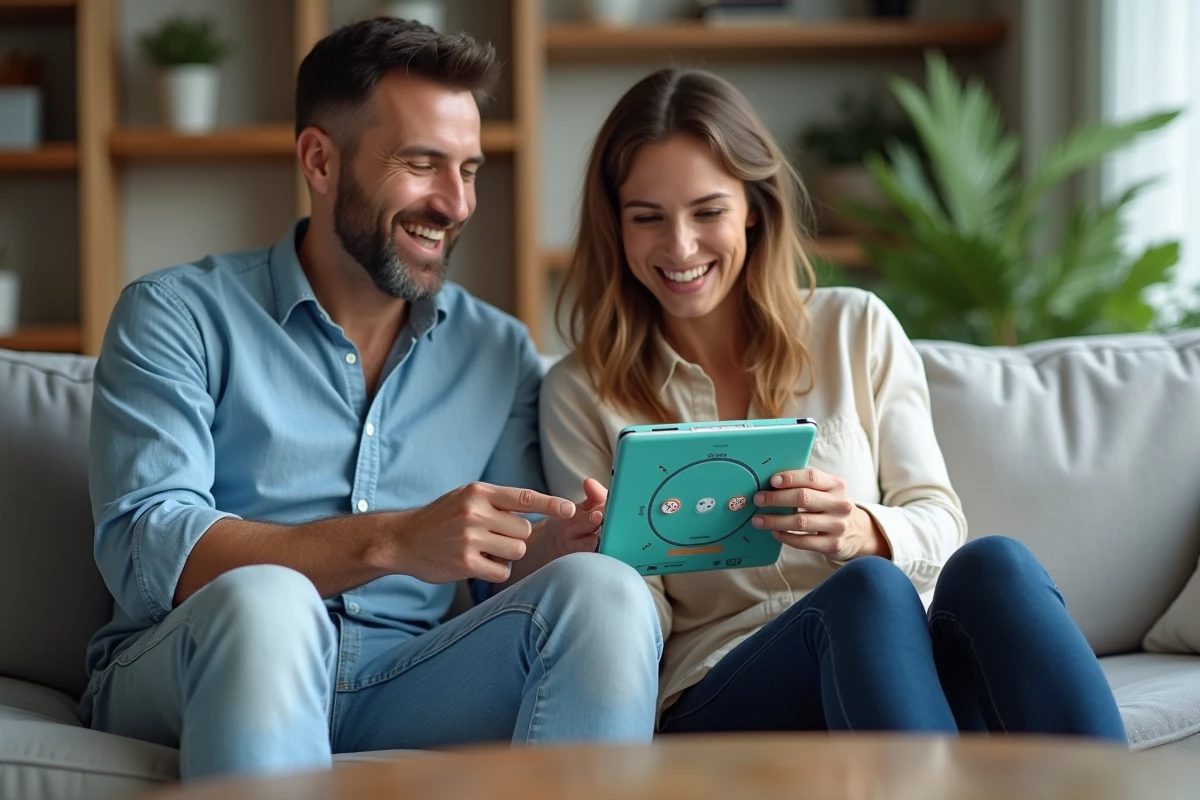 Deux amis partageant des liens de dés gratuits Monopoly GO sur une tablette