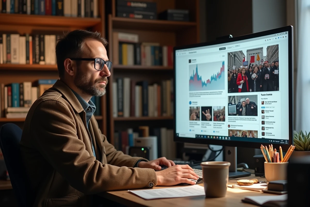 Militant antifasciste analysant des données de campagne sur les réseaux sociaux depuis son bureau à domicile