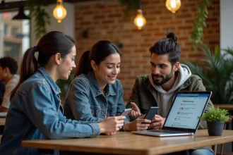 Militants antifascistes discutant de stratégie sur les réseaux sociaux dans un café urbain