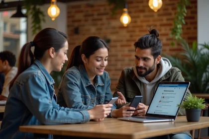 Militants antifascistes discutant de stratégie sur les réseaux sociaux dans un café urbain