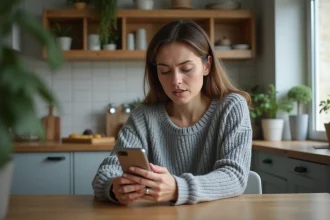 Femme hésitante recevant un appel d'un numéro inconnu 06 72 sur son smartphone dans une cuisine moderne