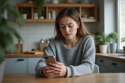 Femme hésitante recevant un appel d'un numéro inconnu 06 72 sur son smartphone dans une cuisine moderne