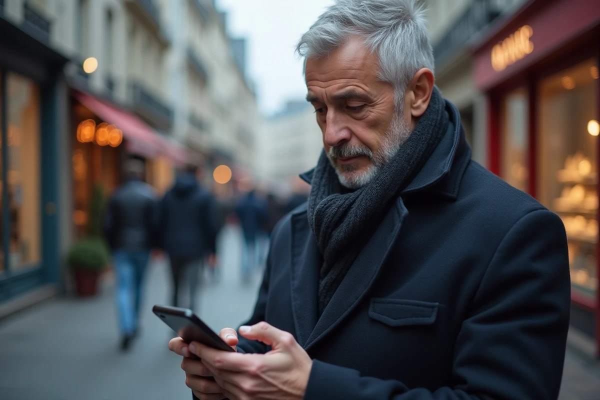 Homme consultant une notification d'appel manqué d'un numéro 06 72 dans une rue parisienne