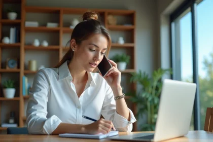 Femme professionnelle en télétravail passant un appel international avec un affichage d'horloge mondiale sur son ordinateur portable