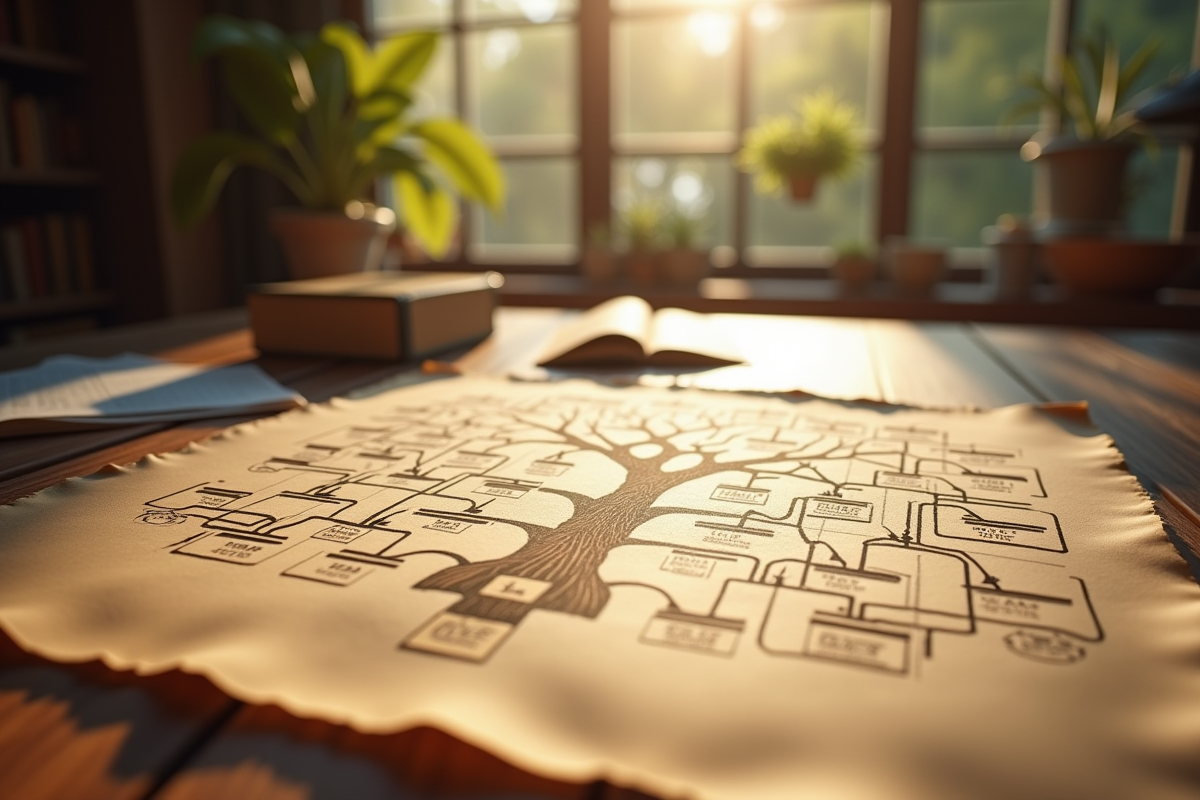 Arbre genealogique ancien sur parchemin lumineux