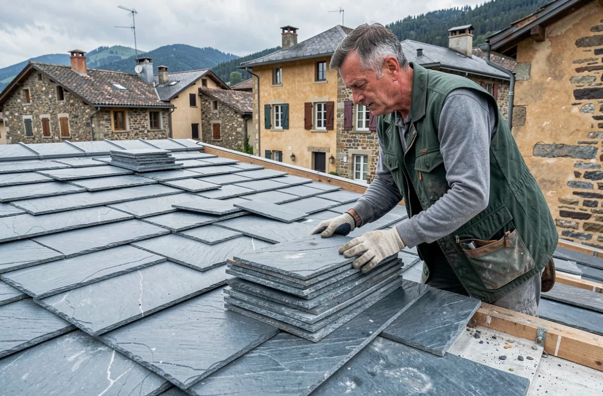 Couvreur manipulant des ardoises naturelles grises du Dauphiné lors d'une restauration de toiture de village