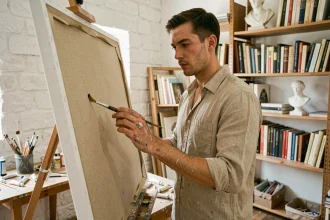 Artiste masculin contemplatif dans un atelier créatif inspiré de la mythologie grecque d'Apollon, tenant un pinceau devant une grande toile