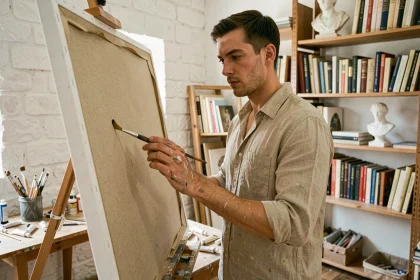 Artiste masculin contemplatif dans un atelier créatif inspiré de la mythologie grecque d'Apollon, tenant un pinceau devant une grande toile