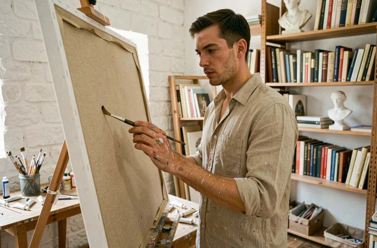 Artiste masculin contemplatif dans un atelier créatif inspiré de la mythologie grecque d'Apollon, tenant un pinceau devant une grande toile
