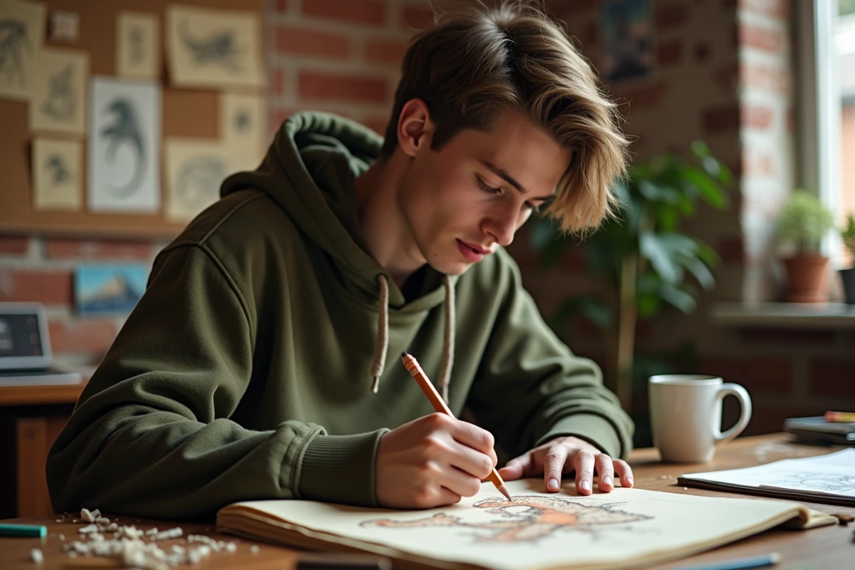Jeune artiste dessinant un fanart de Dracaufeu dans un atelier créatif avec des crayons colorés et des carnets de croquis
