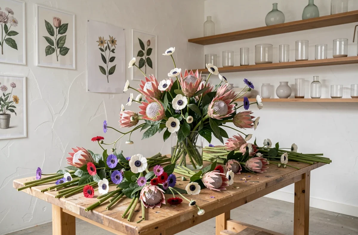 Atelier de création florale d'Aubépine Créations Fleuriste à Toulouse avec des protéas, anémones et scabieuses sur une table de travail