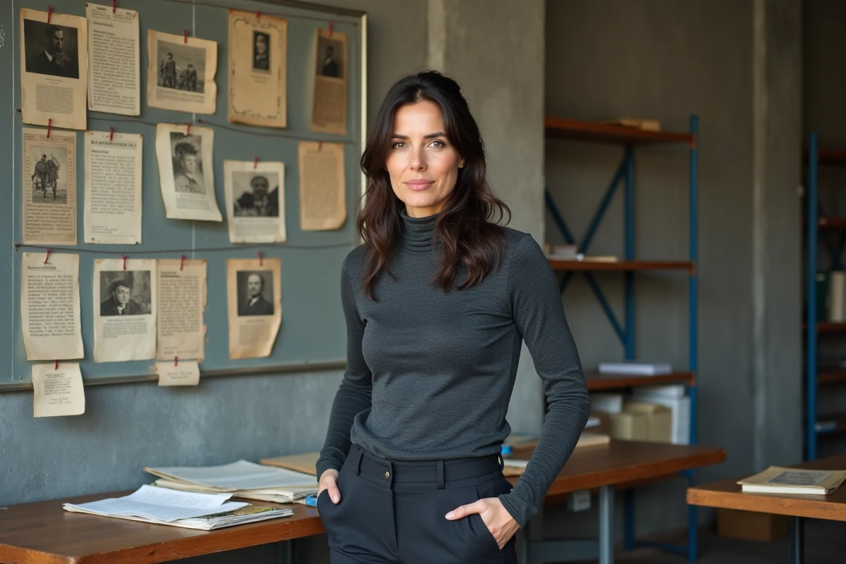 Aurore Malval devant un mur d'archives historiques et de coupures de presse pour sa biographie