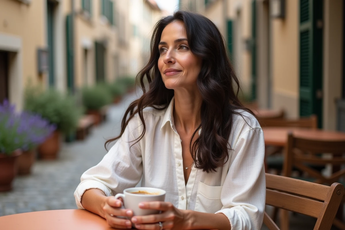 Aurore Malval assise à une terrasse de café en ville de province française, ambiance biographique et culturelle