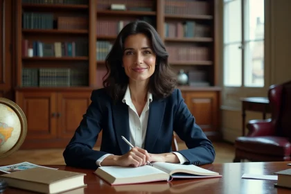 Portrait d'Aurore Malval dans un bureau parisien avec des livres et des notes biographiques