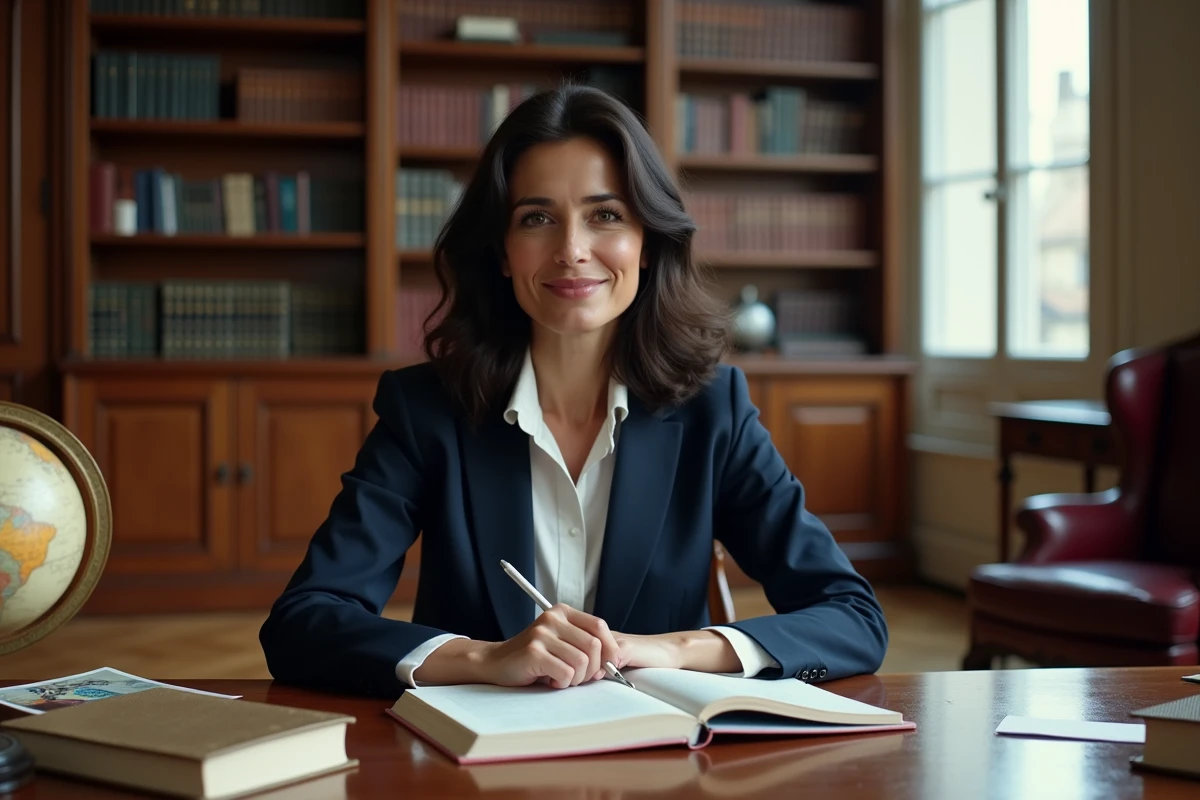 Portrait d'Aurore Malval dans un bureau parisien avec des livres et des notes biographiques