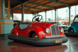 Auto tamponneuse vintage rouge vue en angle 3/4 bas sur un plancher de fête foraine avec plafond métallique
