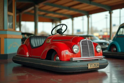 Auto tamponneuse vintage rouge vue en angle 3/4 bas sur un plancher de fête foraine avec plafond métallique