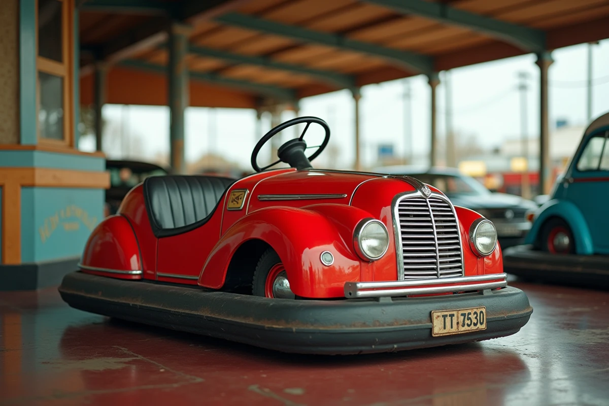 Auto tamponneuse vintage rouge vue en angle 3/4 bas sur un plancher de fête foraine avec plafond métallique