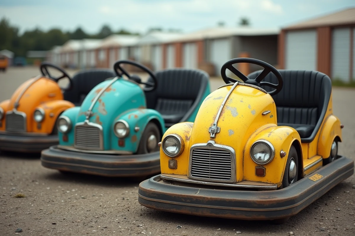 Trois autos tamponneuses d'occasion jaune bleue et verte alignées dans un marché de matériel de fête foraine en plein air