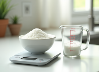 Apprendre à convertir 120 g en ml : une compétence essentielle en cuisine Balance de cuisine numérique avec sucre blanc en granules