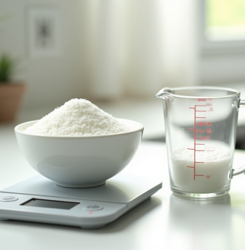 Balance de cuisine numérique avec sucre blanc en granules