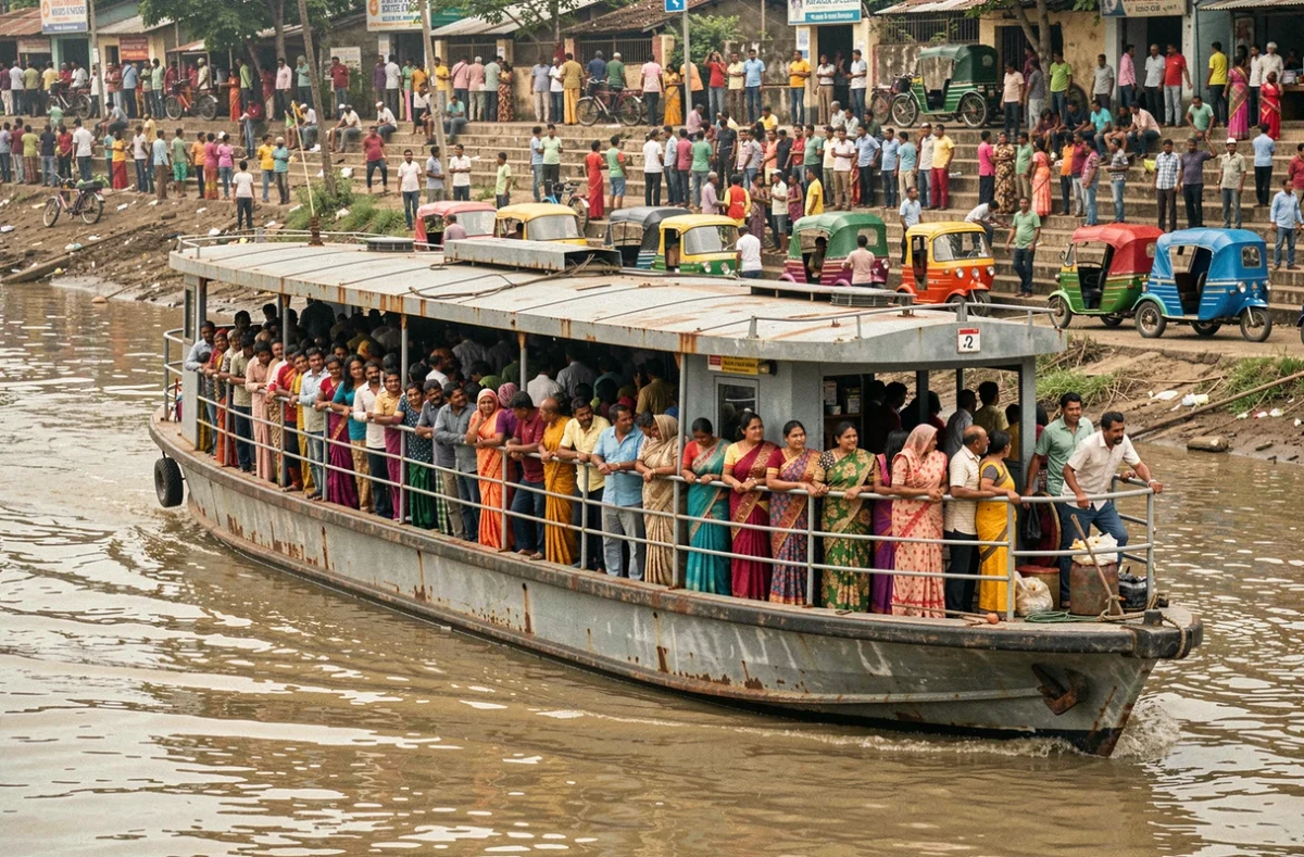 Ferry bondé sur la rivière Buriganga à Dhaka au Bangladesh avec des centaines de passagers sur les ponts et les rives