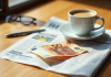 Billet de 50 euros sur un journal financier avec café