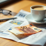 Billet de 50 euros sur un journal financier avec café
