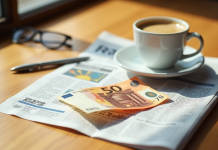 Billet de 50 euros sur un journal financier avec café