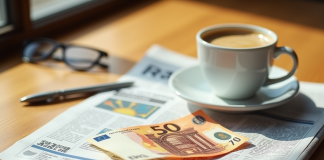 Billet de 50 euros sur un journal financier avec café
